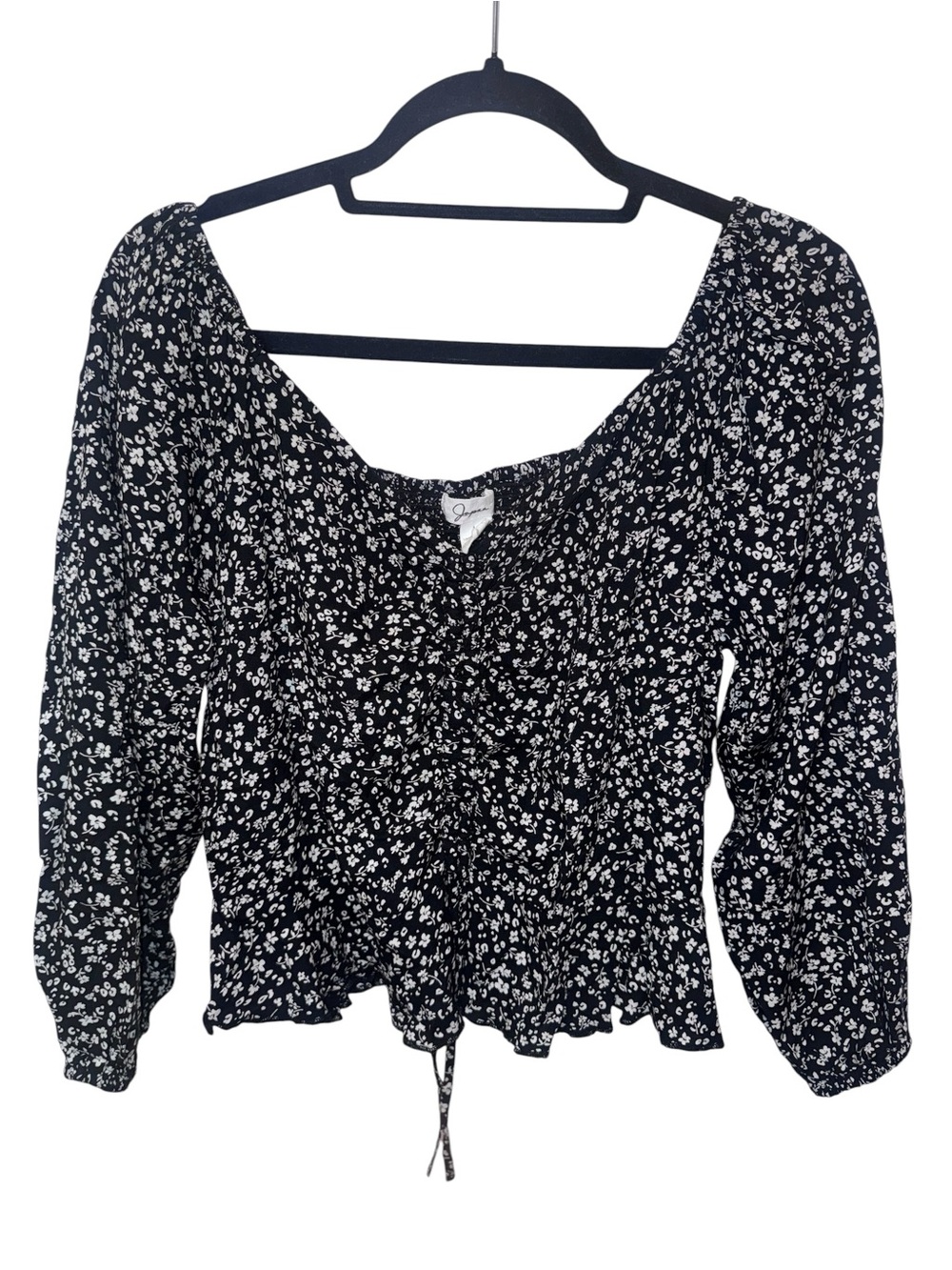 Japna Black and White Floral Smocked Peasant Blouse